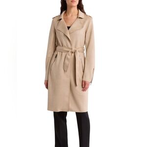 T Tahari Faux Suede Trench Coat | Belted Open Front Jacket | Size Medium | Camel